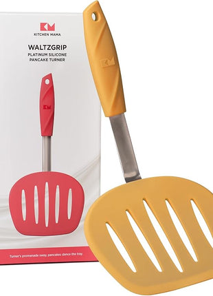 Kitchen Mama WaltzGrip Platinum Silicone Pancake Spatula Turner: Heat-Resistant, Slotted Tapered Head, Stainless Steel Core, Durable, Dishwasher-Safe, Ideal for Flipping and Wok Use (Yellow)