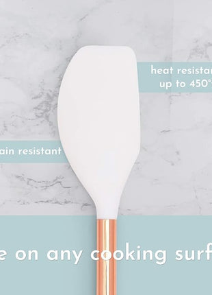 White Silicone and Copper Kitchen Utensils Set with Holder - 17-Piece Rose Gold Cooking Tools for Nonstick Cookware, with Measuring Cups, Spoons, & Utensil Holder - Stylish Copper Kitchen Accessories