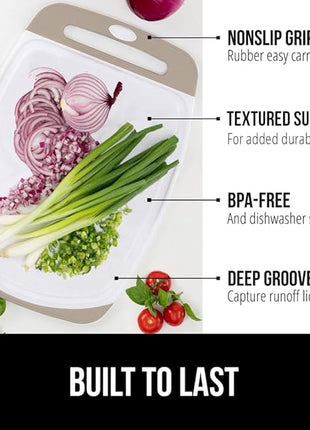 GORILLA GRIP BPA-Free Reversible Kitchen Cutting Board Set of 3, US Designed, Nonporous, Juice Grooves Catch Liquid, Slip Resistant Border, Dishwasher Safe, Durable Large Food Chopping Boards, Almond