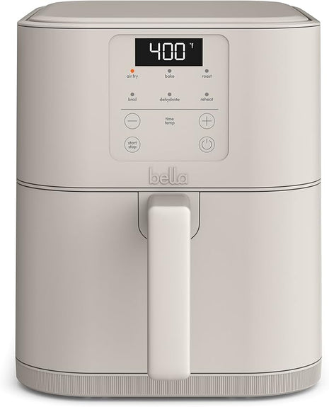bella 6 Qt Slim Air Fryer, Fits-anywhere™ Kitchenware, EverGood™ Ceramic Nonstick Coating, Adjustable Temperature, 6 Preset Cooking Options, 60 Min Auto Shutoff w Audible Tone, 5lb Capacity, Oatmilk