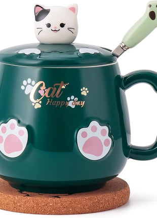 Bgbg Cat Mug Cute Ceramic Coffee Cup with Lovely Kitty Lid, Kawaii Claw Spoon, Anime Coaster, Novelty Things Birthday Christmas Mug Gift for Cat Lovers 400ML