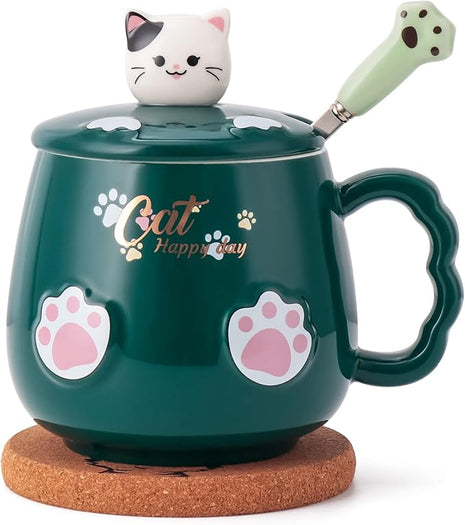 Bgbg Cat Mug Cute Ceramic Coffee Cup with Lovely Kitty Lid, Kawaii Claw Spoon, Anime Coaster, Novelty Things Birthday Christmas Mug Gift for Cat Lovers 400ML