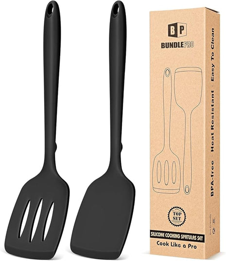 Pack of 2 Silicone Spatula Turners, Non Stick Slotted Kitchen Spatula Set, Heat Resistant BPA Free Kitchen Utensils, One-Piece Design, Suitable for Flipping Fish, Eggs, Steak, Pancakes(BLACK)