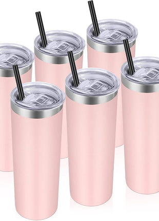 VEGOND Stainless Steel Tumblers Bulk 6 Pack, 20 oz Vacuum Insulated Skinny Tumblers with Lid and Straw, Double Wall Coffee Mug, Travel Water Cup, Light Pink