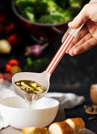 Pack of 2 Ladle Spoon,Silicone Large Spoon for Soup,Non Stick Kitchen Utensils with High Heat Resistant,BPA Free Perfect Kitchen Tools for Cooking, Stirring,Serving Soups (ROSE GOLD BLACK-KHAKI)