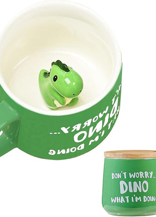 BigNoseDeer Cute Dinosaur Mug Ceramic Coffee Mug with 3D Cartoon Dino Inside,Funny Mugs with lid Spoon,White Elephant Gifts for Adults,Gag Gifts for Women Animal Gift Cute Stuff Cool Stuff