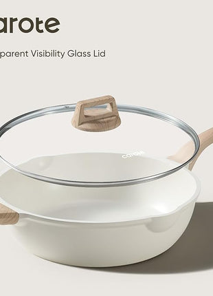 CAROTE 12.5Inch Nonstick Deep Frying Pan with Lid, 6.5 Qt Jumbo Cooker Saute Pan with Pour Spout, Skillet Induction Cookware, Non Stick Cooking Pan Kitchen Pan PFOA Free, White Granite