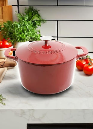 MARTHA STEWART Gatwick 7-Quart Enamel Cast Iron Dutch Oven Pot with Lid – Red – Durable Heavy-Duty Dutch Oven for Slow Cooking, Braising & Baking