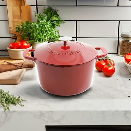 MARTHA STEWART Gatwick 7-Quart Enamel Cast Iron Dutch Oven Pot with Lid – Red – Durable Heavy-Duty Dutch Oven for Slow Cooking, Braising & Baking