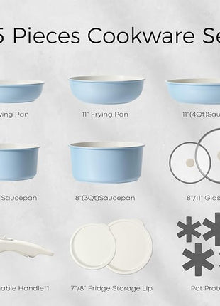 15Pcs Pots and Pans Set Non Stick, Cookware Sets with Detachable Handle, Nonstick RV Kitchen Cooking Tools Removable Handles, Oven Safe, Induction Fast, Stackable Induction Cookware, Blue