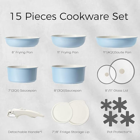 15Pcs Pots and Pans Set Non Stick, Cookware Sets with Detachable Handle, Nonstick RV Kitchen Cooking Tools Removable Handles, Oven Safe, Induction Fast, Stackable Induction Cookware, Blue