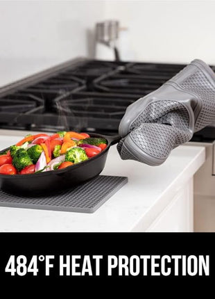 GORILLA GRIP BPA-Free Soft Silicone Oven Mitts and Pot Holders Sets of 4, Heat Resistant Waterproof Cooking Gloves, Thick Cotton Lining, Flexible Gripping for Baking Grilling, Kitchen Trivets, Gray