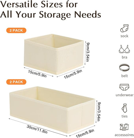 DIMJ Drawer Organizers Clothes, Set of 4 Dresser Organizer Bins, Fabric Closet Organizers and Storage, Shallow Drawer Dividers for Nursery, Clothing, Baby Clothes, Socks, Underwears, Tie (Beige)