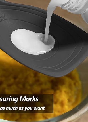 Large Silicone Cooking Spoon, Non-Stick Solid Spoon set with Deep Bolw and Measurement Mark for Mixing, Serving, Draining, Scooping, Scraping, Heat Resistant Kitchen Utensils, Black