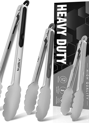 Walfos Stainless Steel Kitchen Tongs for Cooking- 7 ，9 and 12 Inch, Food Grade Metal Tongs for Cooking, BBQ, Set of 3 Heavy Duty Locking Cooking Tongs Non-Slip Grip