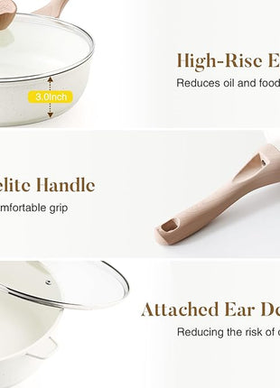 Kordisen Nonstick Ceramic Deep Frying Pan, 11 Inch Non Toxic Skillet with Lid, Healthy Jumbo Cooker, Saute Pan for Cooking, Induction Cookware, PFOA & PFAS Free (Cream)