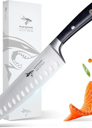 MAD SHARK Kitchen Knife, Chef's Santoku Knife 8-inch, German High Carbon Stainless Steel Chef Knife, Super Sharp Multipurpose Chopping Knife for Meat Vegetable Fruit with Ergonomic Handle & Gift Box