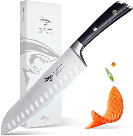 MAD SHARK Kitchen Knife, Chef's Santoku Knife 8-inch, German High Carbon Stainless Steel Chef Knife, Super Sharp Multipurpose Chopping Knife for Meat Vegetable Fruit with Ergonomic Handle & Gift Box