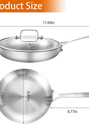 DELARLO Tri-Ply Stainless Steel 8 inch Frying Pan With Lid, Oven Safe Induction Skillet, Suitable for All Stoves Up to 600℉（Lids 300℉）