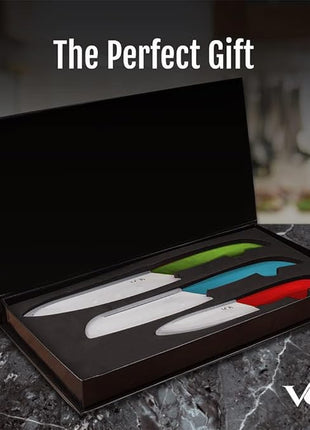 Vos Ceramic Knife Set in Elegant Gift Box, Ceramic Knives Set For Kitchen, Ultra Sharp Kitchen Knife Set with Covers, 4" 5" 6" Paring, Santoku & Chef Knife, Lightweight, Dishwasher safe (Multi-Color)
