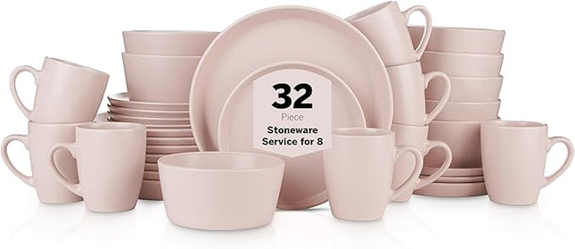 SERVICE FOR 8 - Total of 32 pieces including 8 dinner plates (10”), 8 salad plates (7.5”), 8 bowls (5.75”), and 8 mugs (12 oz), making it the perfect set to service 8 people