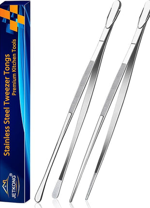 JETKONG 2 Pcs 14-Inch Food Tweezers Stainless Steel Tweezer Tongs Extra-Long Cooking Tweezers (Silver)
