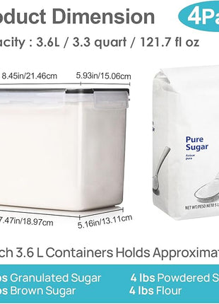 Vtopmart Food Storage Containers 3.3 quart / 3.6L, 4 Pieces BPA Free Plastic Airtight Canister for Flour, Sugar, Baking Supplies, with 4 Measuring Cups and 24 Labels,Black