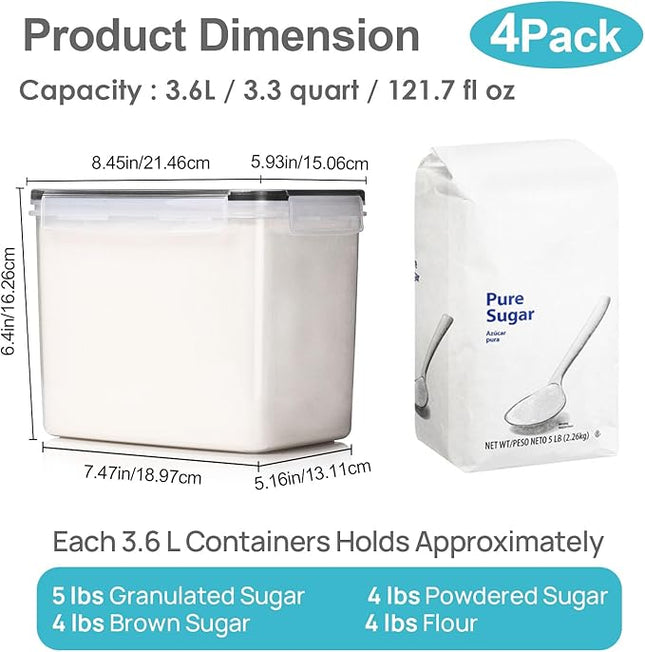 Vtopmart Food Storage Containers 3.3 quart / 3.6L, 4 Pieces BPA Free Plastic Airtight Canister for Flour, Sugar, Baking Supplies, with 4 Measuring Cups and 24 Labels,Black