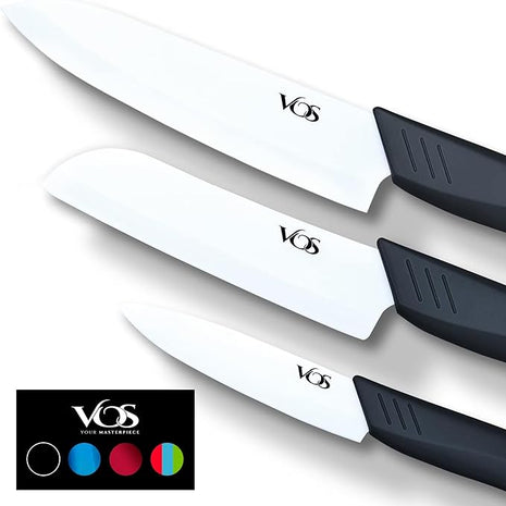 Vos Ceramic Knife Set in Elegant Gift Box, Ceramic Knives Set For Kitchen, Ultra Sharp Kitchen Knife Set with Covers, 4" 5" 6" Paring, Santoku & Chef Knife, Lightweight, Dishwasher safe (Black Handle)