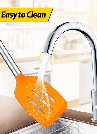 Pack of 4 Silicone Cooking Utensils Set, Non Stick Large Solid Spatulas, Heat Resistant Slotted Spoons, Ideal BPA Free Kitchen Turners for Frying, Mixing,Serving,Draining,Turning,Stirring (ORANGE)