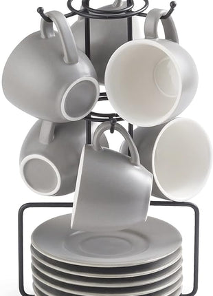 YHOSSEUN Porcelain Espresso Cups Set and Metal Stand 3 OZ Demitasse Cup For Coffee Shot, Mugs for Latte, Cafe Mocha, Cappuccino, and Tea, Serve for 6 Gray