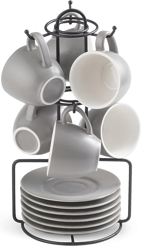 YHOSSEUN Porcelain Espresso Cups Set and Metal Stand 3 OZ Demitasse Cup For Coffee Shot, Mugs for Latte, Cafe Mocha, Cappuccino, and Tea, Serve for 6 Gray