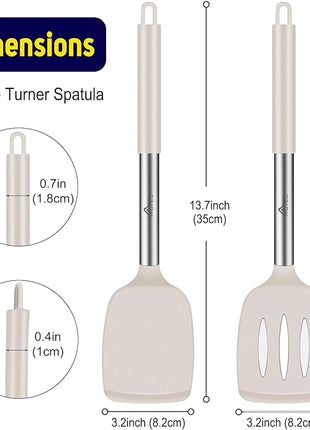 HOTEC Silicone Spatula Set of 2 Heat-Resistant 600°F & BPA-Free Kitchen SaptulaTurner with Stainless Steel Handles, Slotted & Solid Spatulas for Nonstick Cookware, 13.7 Inch, Khaki