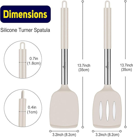 HOTEC Silicone Spatula Set of 2 Heat-Resistant 600°F & BPA-Free Kitchen SaptulaTurner with Stainless Steel Handles, Slotted & Solid Spatulas for Nonstick Cookware, 13.7 Inch, Khaki