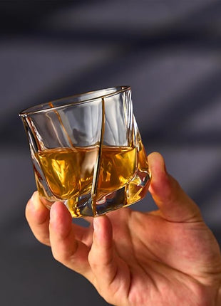GLASKEY Crystal Whiskey Glasses Set of 2 with 24K Gold Rim,Bar Glasses,Twisted Whiskey Glass Gold Collection for Bourbon,Scotch and Wine,Rock Barware for Men Gift - 8oz