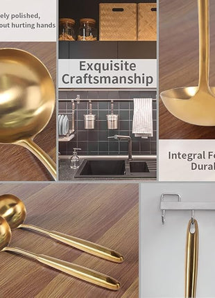 Newness Soup Ladle, [Rustproof, Heat Resistance, Integral Forming] Durable 304 Stainless Steel Soup Spoon with Vacuum Ergonomic Round Handle, Cooking Spoon for Kitchen, 13.7 Inches, Gold