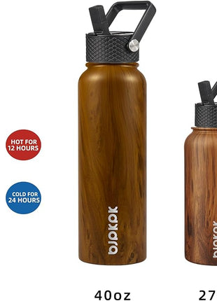 BJPKPK Insulated Water Bottles with Straw Lid, 40oz Stainless Steel Water Bottles with 3 Lids, BPA Free Leakproof Thermo, Tumblers, Cups for Sports, Gym- Teakwood