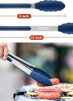 Kitchen Tongs, Stainless Steel Silicone Tongs for Cooking 600ºF High Heat-Resistant BBQ Grilling Locking Tongs, Set of 2-9" and 12" Classic Blue