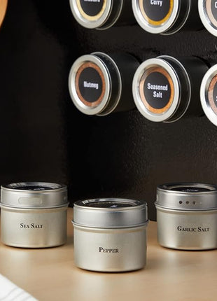 Talented Kitchen Magnetic Spice Jars for Refrigerator - 3 oz, Stainless Steel, Set of 12 - Spice Containers with Labels - Magnetic Travel Containers & Camper Must-Haves
