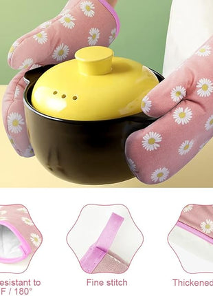 AUAUY Oven Mitts and Potholders, BBQ Gloves Heat Resistant, 1 Pair Oven Mitts and 2 Pot Holders, Cotton Non-Slip Cooking Gloves for Cooking Baking Kitchen Microwave Pizza(Daisy-Pink)