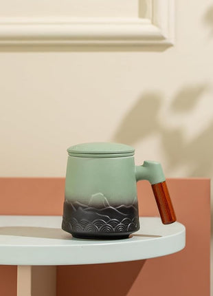 ZENS Tea Mug with Infuser and Lid for Loose Leaf Tea Steeper, 16.9 oz Embossed Ceramic Tea Cup with Fine Strainersand Wood Handle, Diffusers Accessories for Tea Lovers Gifts