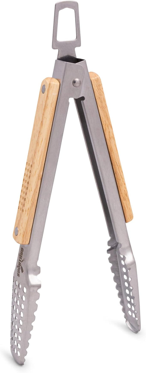 9" Tongs 18/0 Stainless Steel BBQ Grill Tongs with Ergonomic Real Oak Wood Handle for Cooking - Durable Grilling Accessory, Tongs for Cooking & Kitchen, Outdoor Barbecue, Easy to Clean