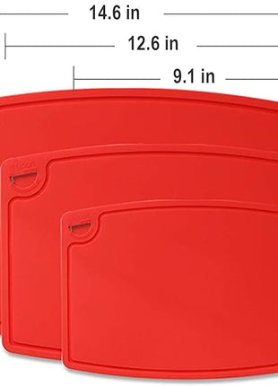 Liflicon Silicone Thick Cutting Boards Mats Set of 3pcs Foldable & Flexible Design Juice Grooves Easy Grip Handle Dishwasher Safe for Kitchen,BPA free Silicone Cutting Boards/Mats-Red