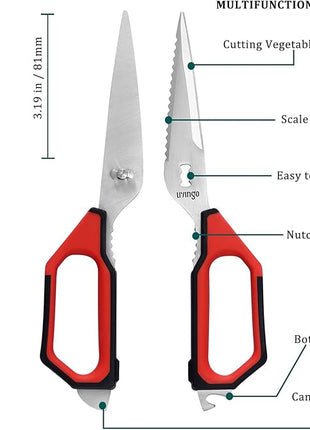 LIVINGO Kitchen Scissors Set All Purpose - Heavy Duty Stainless Steel Come Apart Food Shears for Cutting Meat, Vegetables, Dishwasher safe, 2 Pack, Red Black Multi-Function Handles