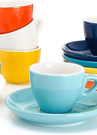Sweese 2 Ounce Espresso Cups with Saucers, Porcelain Espresso Cups Set of 6 - Hot Assorted Colors