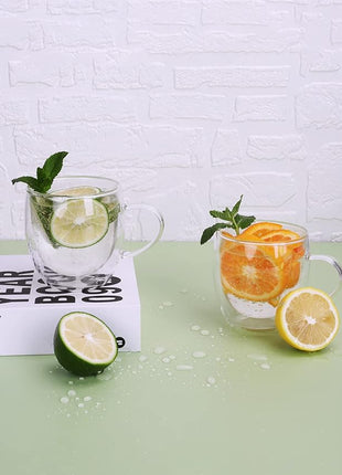 LIBWYS 4 Pack 250ml Double Walled Glass Coffee Mugs with 4 Spoons, Cappuccino Latte Tea Cups with Handle, Heat Resistant Drinking Glasses