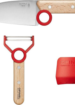 Opinel Le Petit Chef Complete 3 Piece Kitchen Set, Chef Knife with Rounded Tip, Fingers Guard, Peeler, For Children and Teaching Food Prep and Kitchen Safety, Made in France