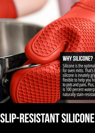 GORILLA GRIP BPA-Free Soft Silicone Oven Mitts, Heat Resistant and Waterproof Cooking Gloves, Thick Cotton Lining, Flexible Gripping for Baking Grilling, Kitchen Potholders Set of 2, 12.5x8.3, Coral