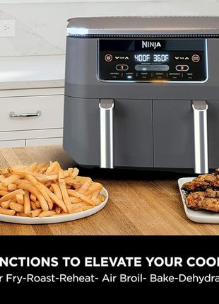 Ninja DZ201 Foodi 8 Quart 6-in-1 DualZone 2-Basket Air Fryer with 2 Independent Frying Baskets, Match Cook & Smart Finish to Roast, Broil, Dehydrate & More for Quick, Easy Meals, Grey