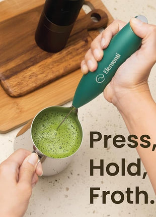Elementi Matcha Whisk & Frother Set - Powerful Electric Matcha Mixer for Powder, Easy to Use Electric Whisk Kit - Craft Effortless Lattes with the Elementi Milk Frother Wand & Wisk (Emerald Green)